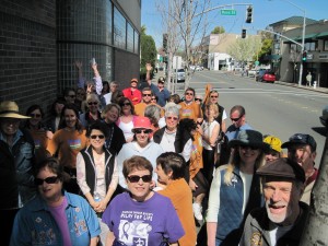 The inaugural group of iPLOD walkers gathers in front of The Press Democrat on Monday